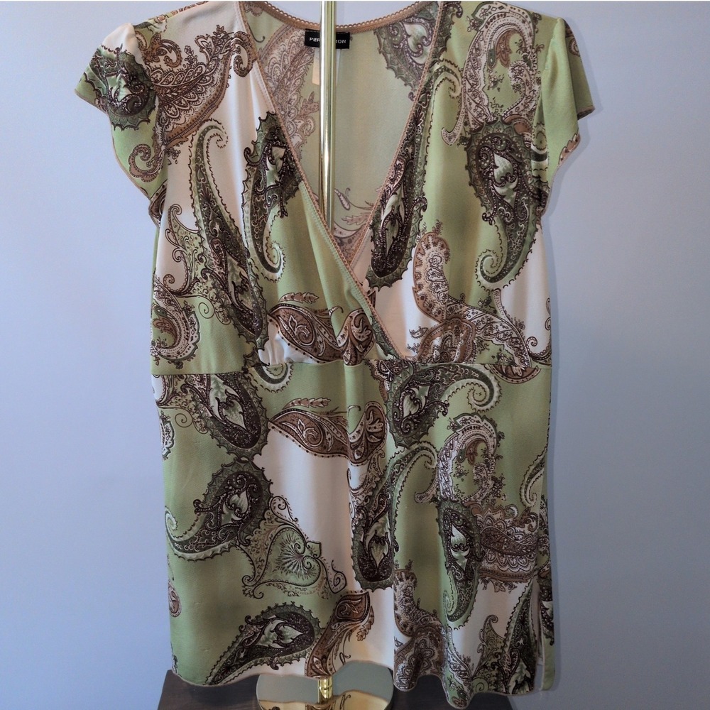 Perception Paisley Wrap Top Womens Green Tan Lace Trim Cap Sleeve V-Neck XL Y2K
